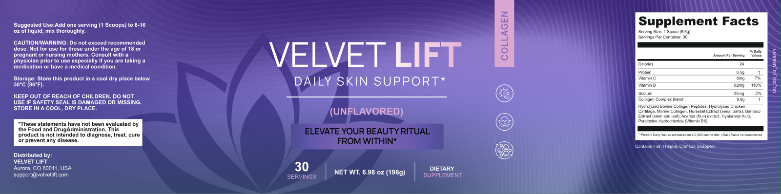 Velvet Lift — full product label including ingredients, Supplement Facts and manufacturer information